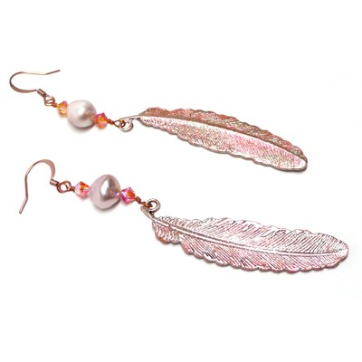 Painted Blush-Coral Pewter Feather Copper Earrings - image3